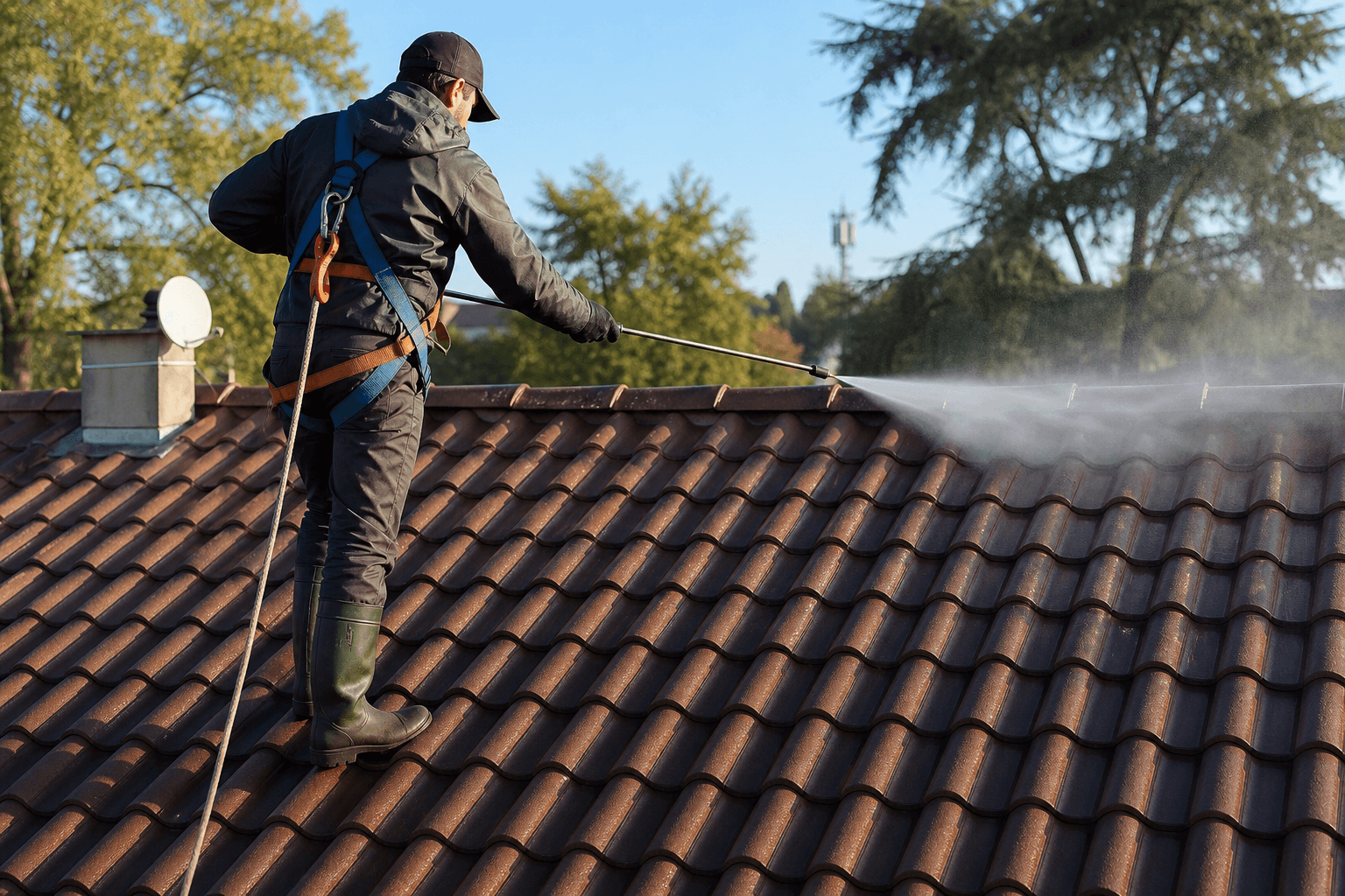 Application d'un traitement hydrofuge après démoussage de toiture en tuiles