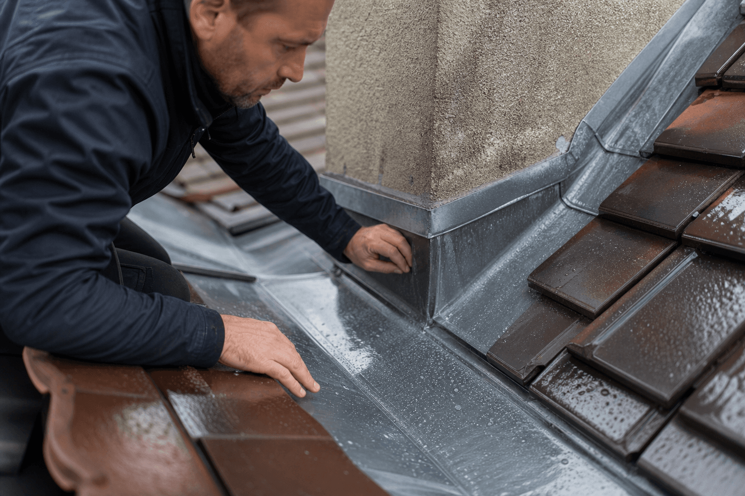 Inspection des points singuliers de toiture, solin et noue pour réparer une infiltration