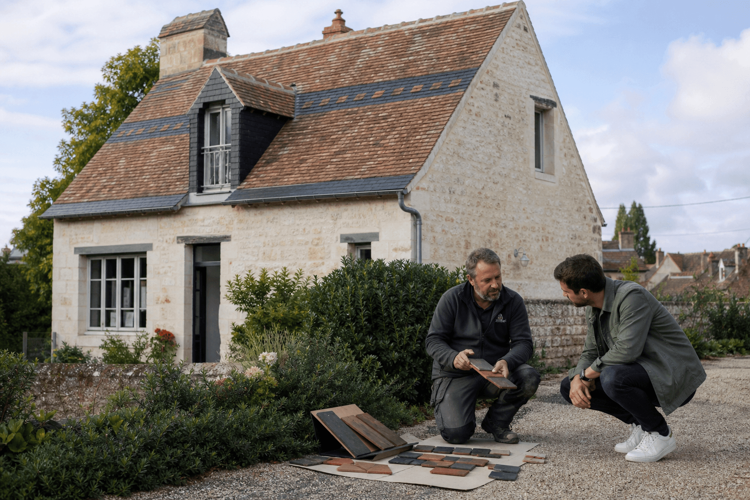 Maison ancienne du Loir-et-Cher avec échantillons de tuiles et ardoises pour une rénovation locale